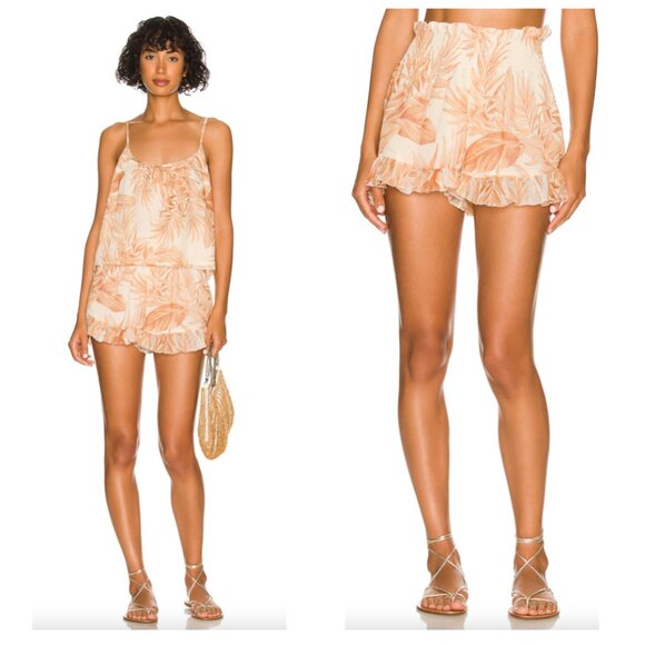 AMUSE SOCIETY Alese Shorts & Fara top in Cafe Cream ruffle tropical print sz S - Picture 1 of 14